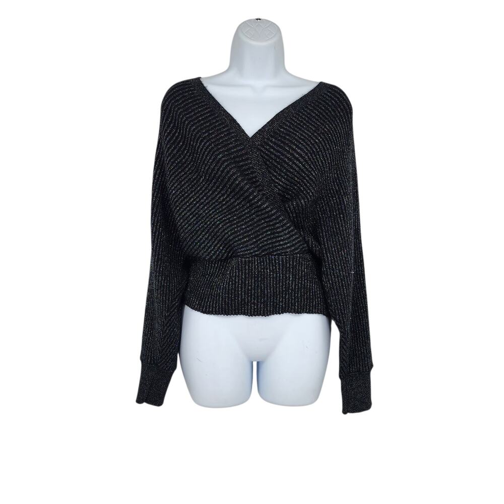 By Anthropologie Black Shimmer Surplice Wrap Style V-neck Dolman Sweater Size S